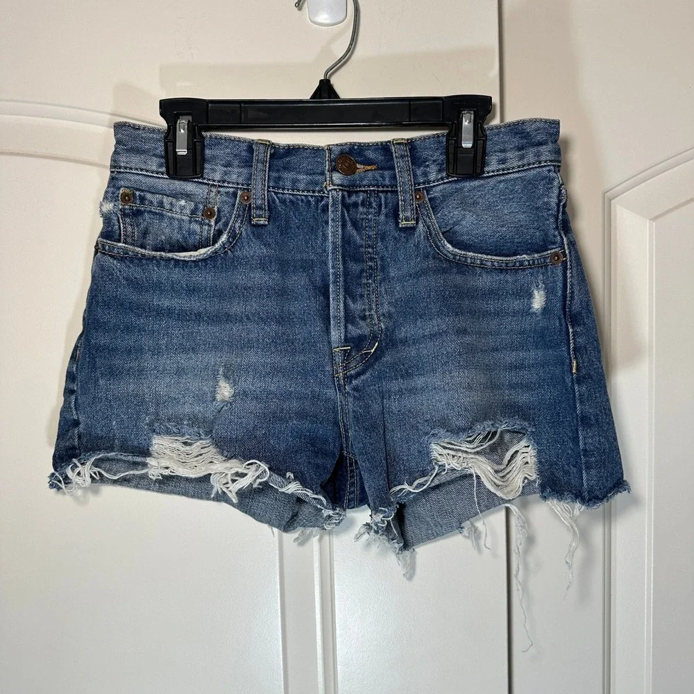Free People Sofia Cutoff Denim Shorts 25 Blue Distressed Button Fly Raw Hem